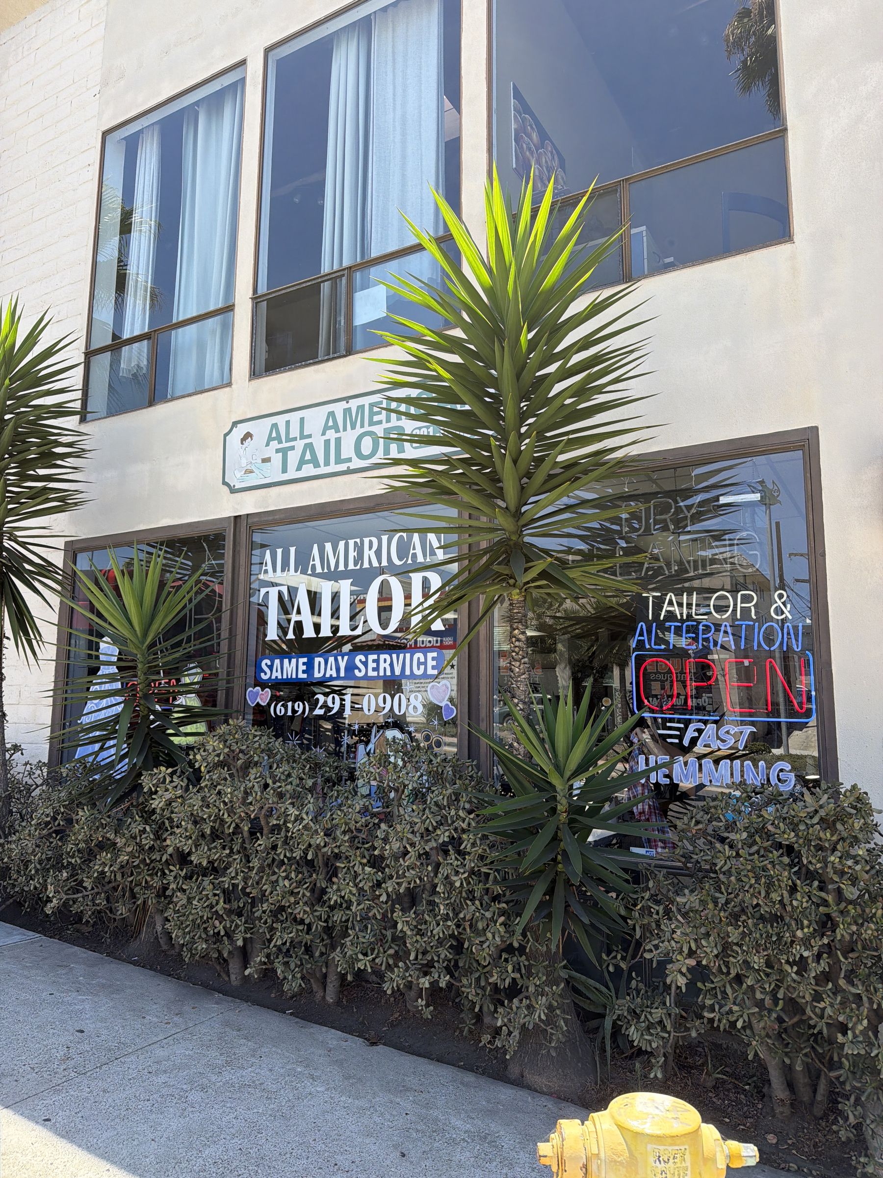 Shop storefront windows behind palms on W Washington St